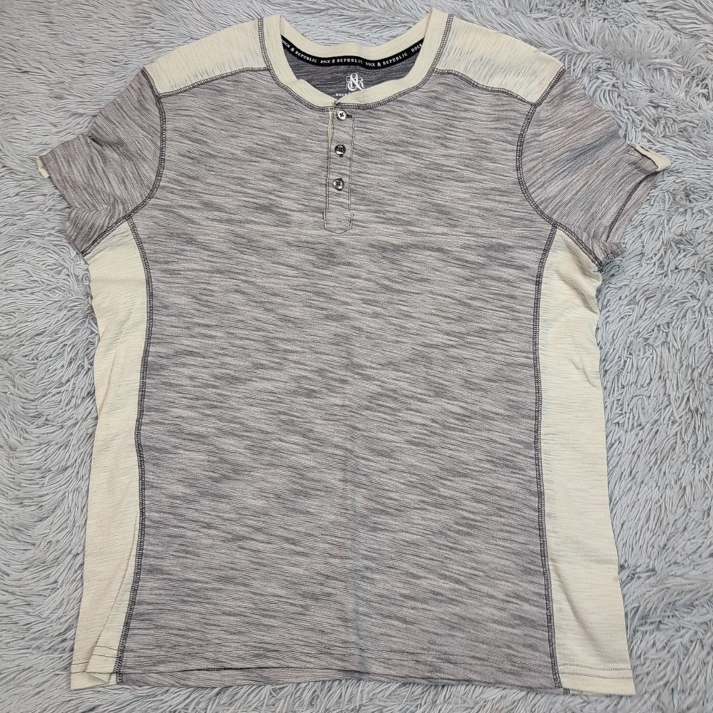 Rock & Republic Shirt Womens L Gray Henley Tee‎ Top Button Soft Comfort Casual